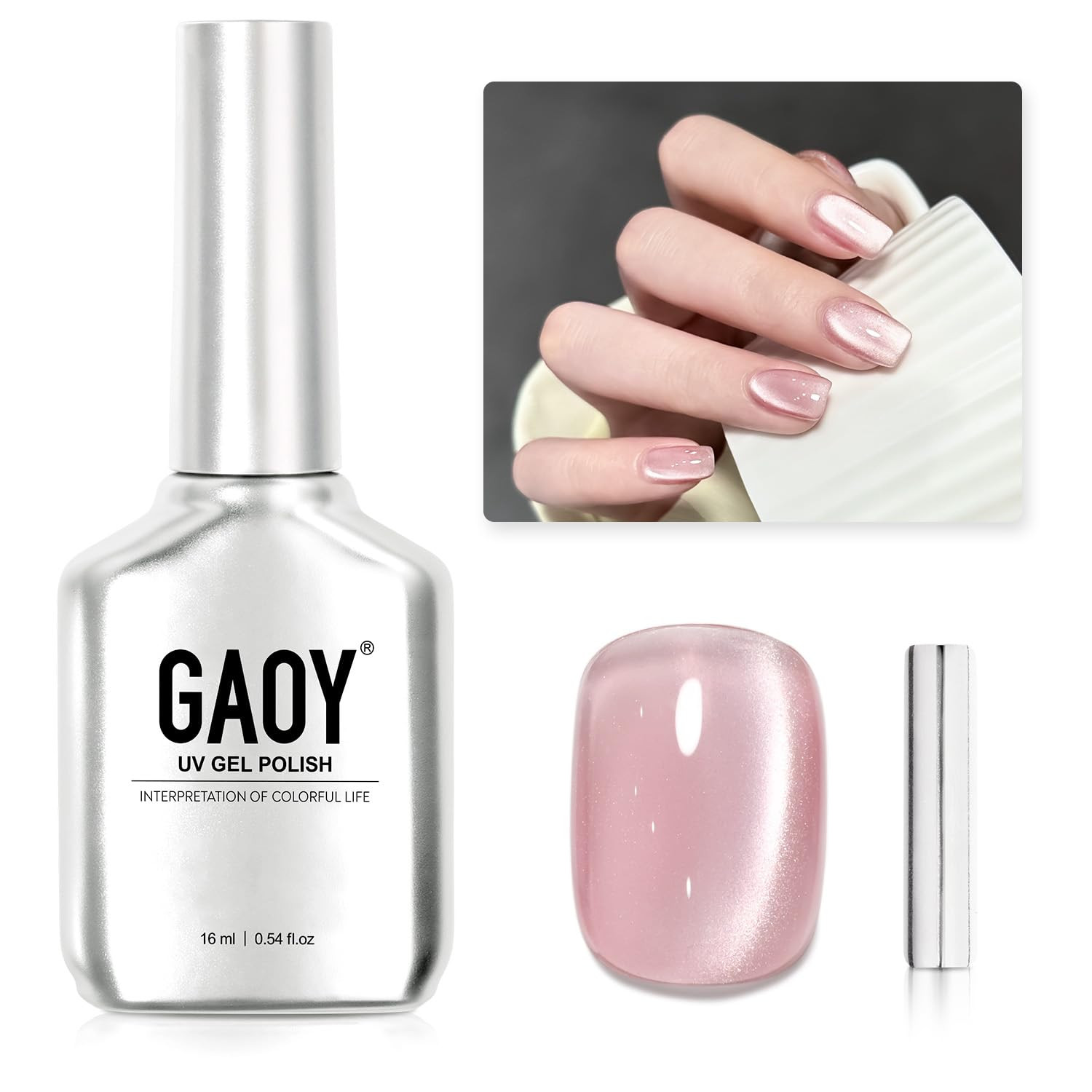 GAOY Pink Glassy Cat Eye Gel Nail Polish, 16ml Glitter Holographic Nail Polish with Magnet, Refle... | Amazon (US)