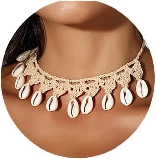 Boho Cowrie Shell Choker Necklace Khaki Handmade Adjustable Rope Necklaces Beach Seashell Chain f... | Amazon (US)