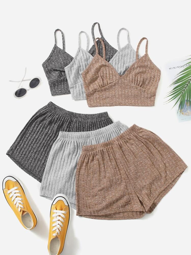 3 Sets Marled Rib Knit Lounge Set
 | SHEIN