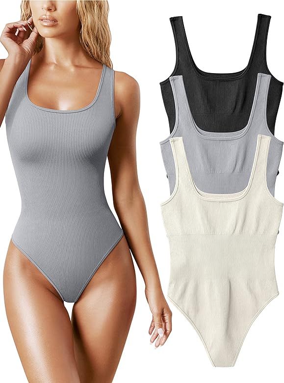 OQQ Women's 3 Piece Bodysuits Sexy Ribbed Sleeveless Square Neck Sleeveless Tank Tops Bodysuits | Amazon (US)