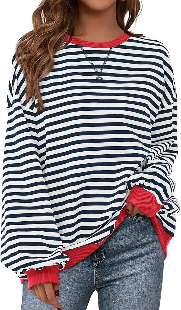 BTFBM Womens Oversized Striped Sweatshirt Crewneck Long Sleeve Pullover Top Casual Y2K Fall Cloth... | Amazon (US)
