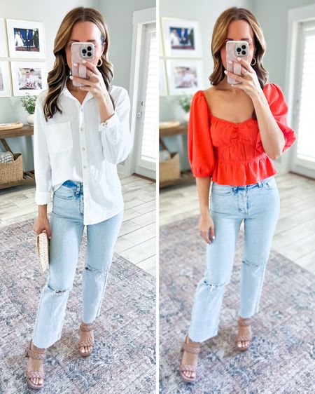 Target tops (XS). Target white button-up. Target peplum top. Target straight jeans (00, size down if in between sizes). Target shoes. Target chunky sandals (TTS). Brunch outfit. Date night outfit. Spring outfit. 

*I gave jeans a raw hem and cut off the bottom!

#LTKunder50 #LTKshoecrush #LTKFind