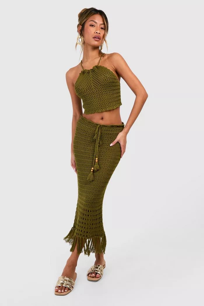 Premium Crochet Tassel Maxi Skirt And Halterneck Top Set | Boohoo.com (UK & IE)