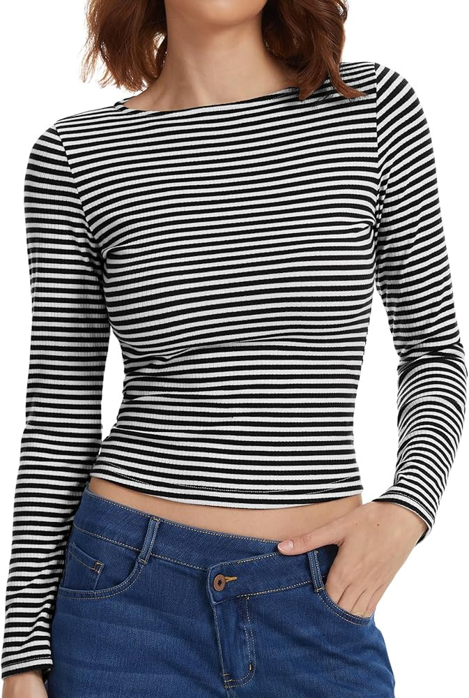 Striped Long Sleeve Shirts for Women Boat Neck Rib Knit Slim Fit Ruched Crop Tops Y2k Casual Fall... | Amazon (US)