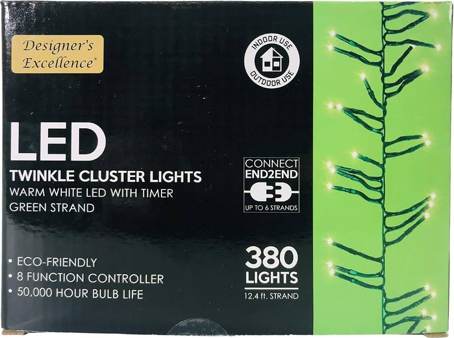 Designers Excellence LED Twinkle Cluster Lights 12.4Ft Warm White w/Green Strand Connect End to E... | Amazon (US)