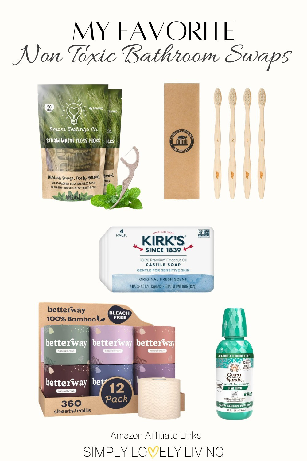 Favorite Non Toxic bathroom products. Bamboo toilet paper, bamboo floss, bamboo toothbrushes, Kirk's soap, natural mouthwash. #nontoxic

#LTKHome