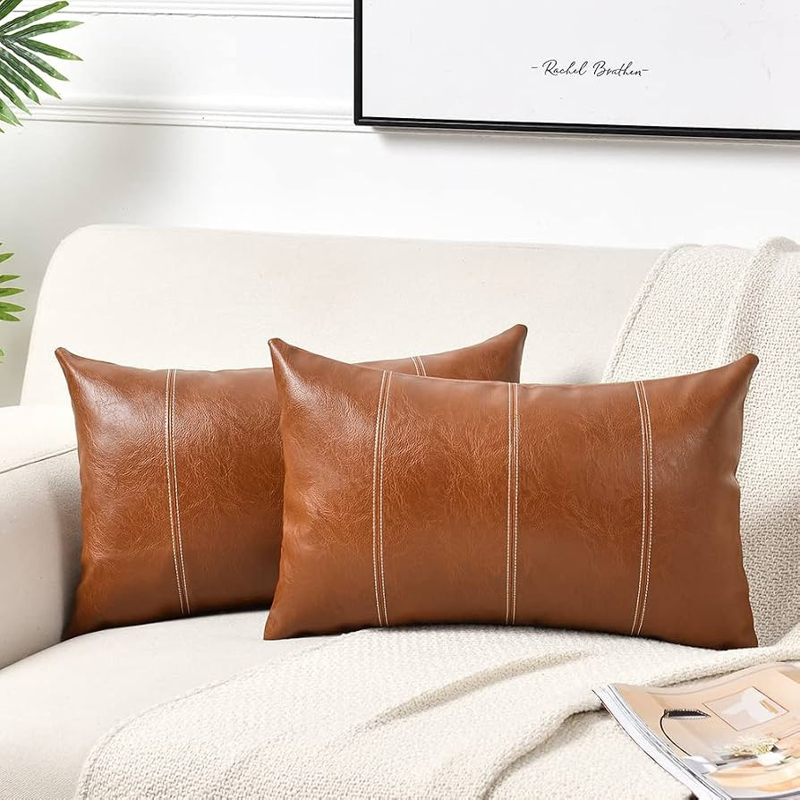 Fancy Homi 2 Packs Brown Boho Lumbar Faux Leather Decorative Throw Pillow Covers 12x20 Inch for L... | Amazon (US)