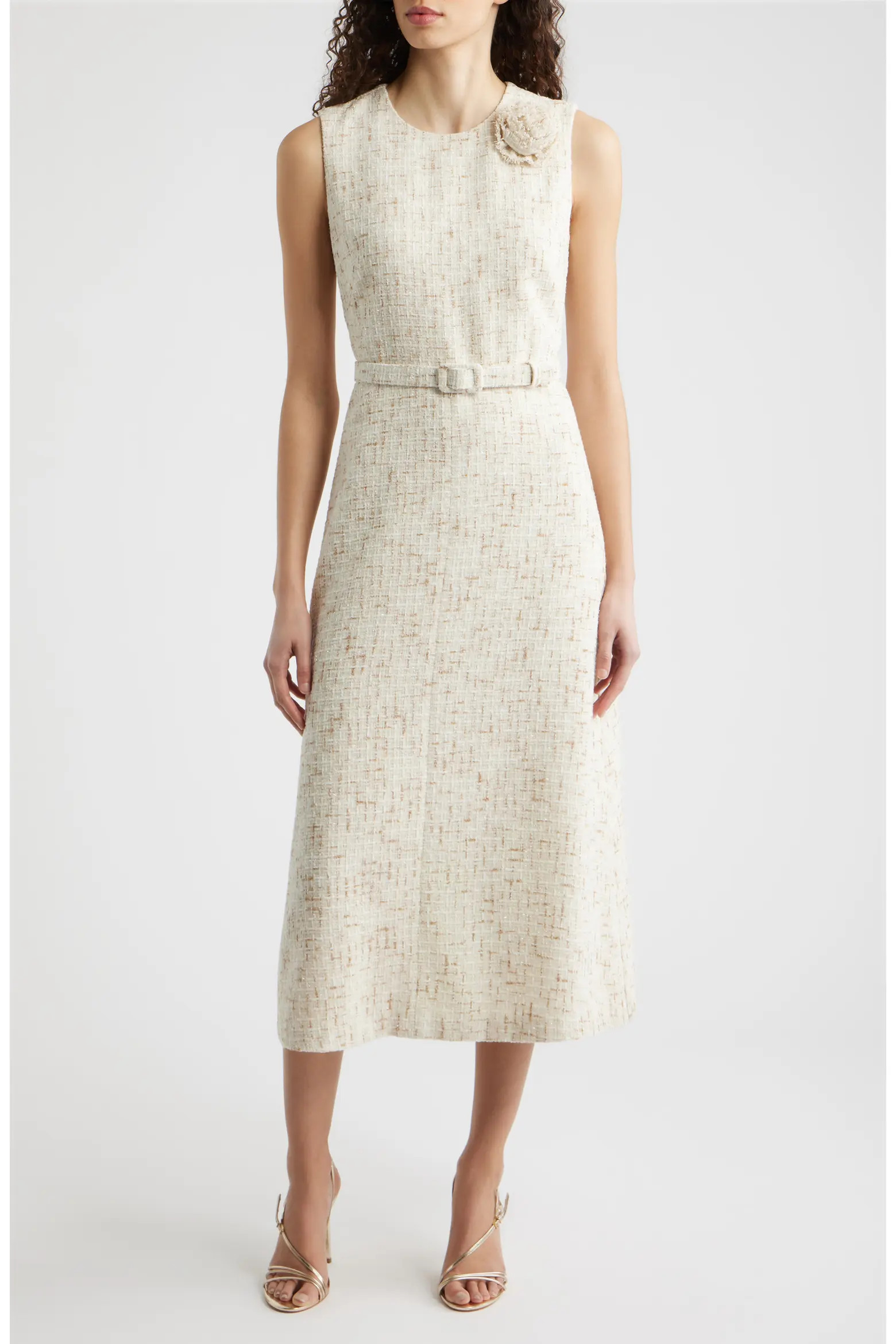 Rosette Belted Tweed Midi Dress (Women) | Nordstrom | Nordstrom