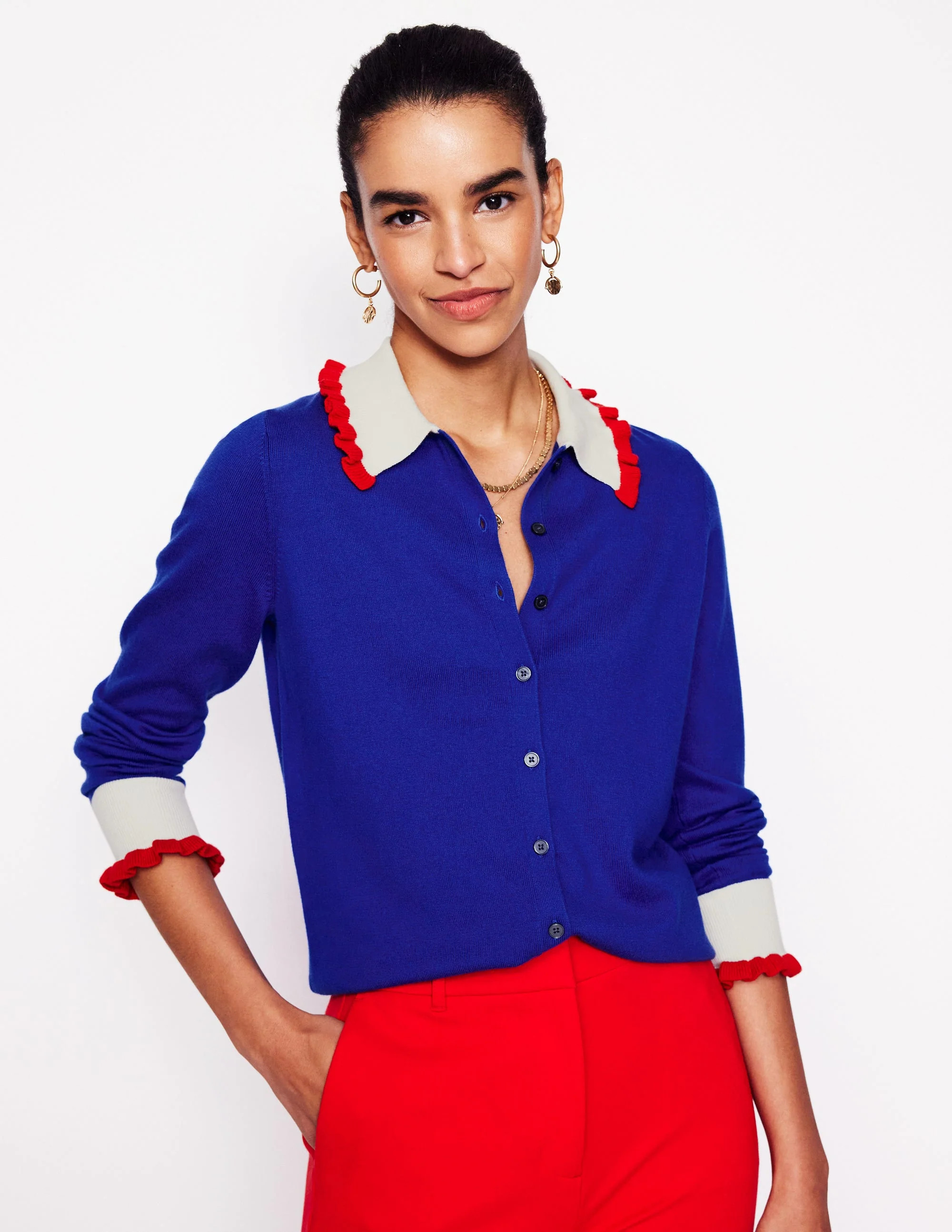 Frilled Cotton Blend Cardigan-Bright Blue | Boden (US)