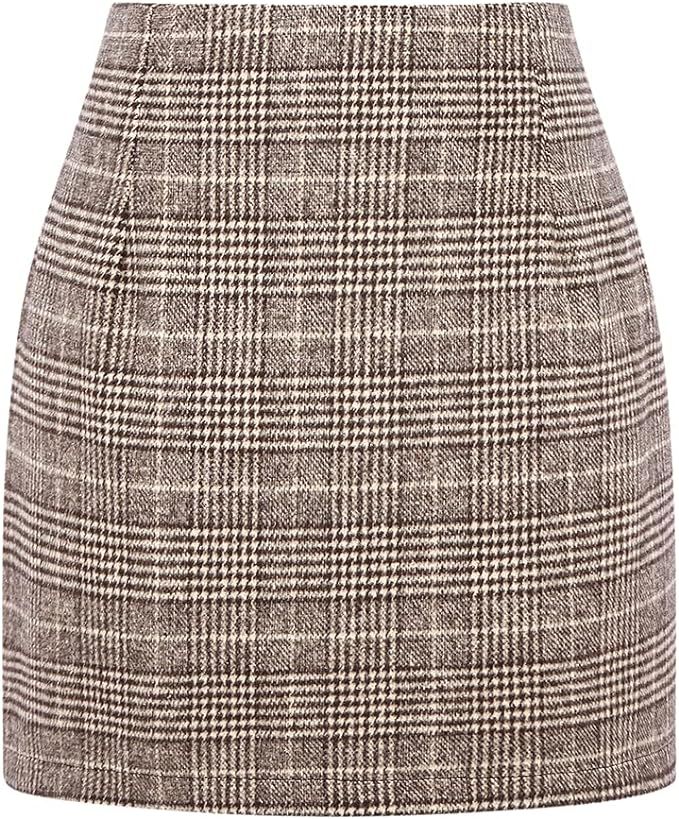 Kinghua Womens Wool Plaid Mini Skirt Fall Winter High Waisted Bodycon Pencil Skirt | Amazon (US)
