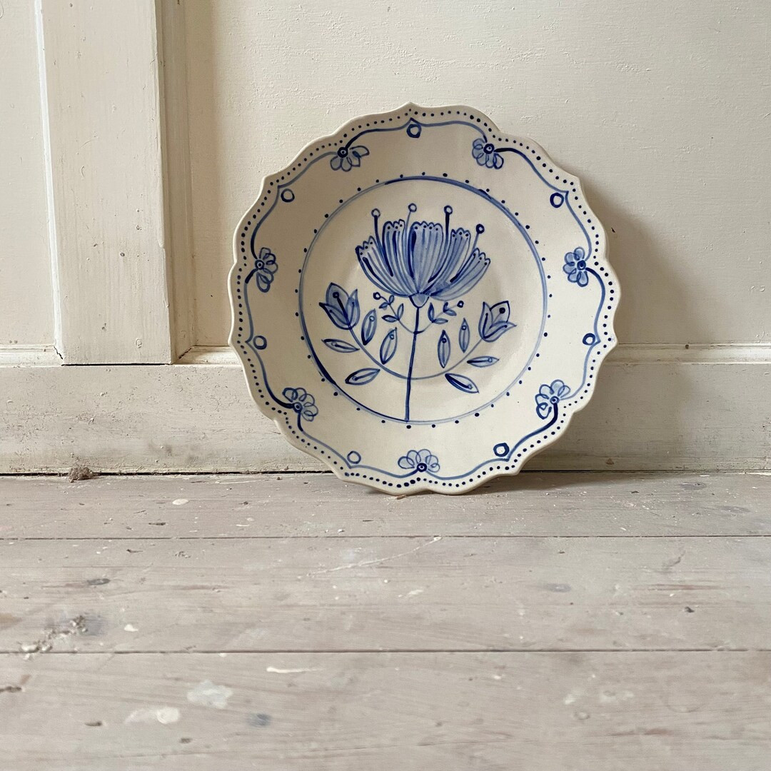 Scallop Edged Bowl, Hand Built Stoneware Pottery Serving Dish, Blue and White, Hand Painted Potte... | Etsy (US)