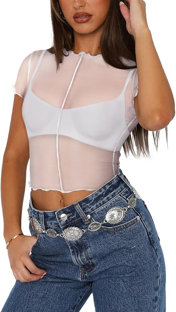 REORIA Womens Sexy Sheer Mesh Short Sleeve Crew Neck See Through Trendy Y2K Going Out Crop Tops | Amazon (US)
