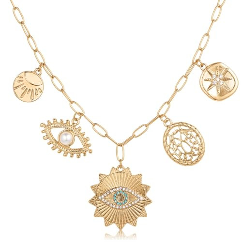 Chunky Gold Charm Necklace for Women - Chunky Charm Necklaces for Women, Paperclip Chain Necklace with Charms Necklace for Women, Trendy Charm Necklace Gold Tone Evil Eye Necklace, Cute Charm Necklace | Amazon (US)