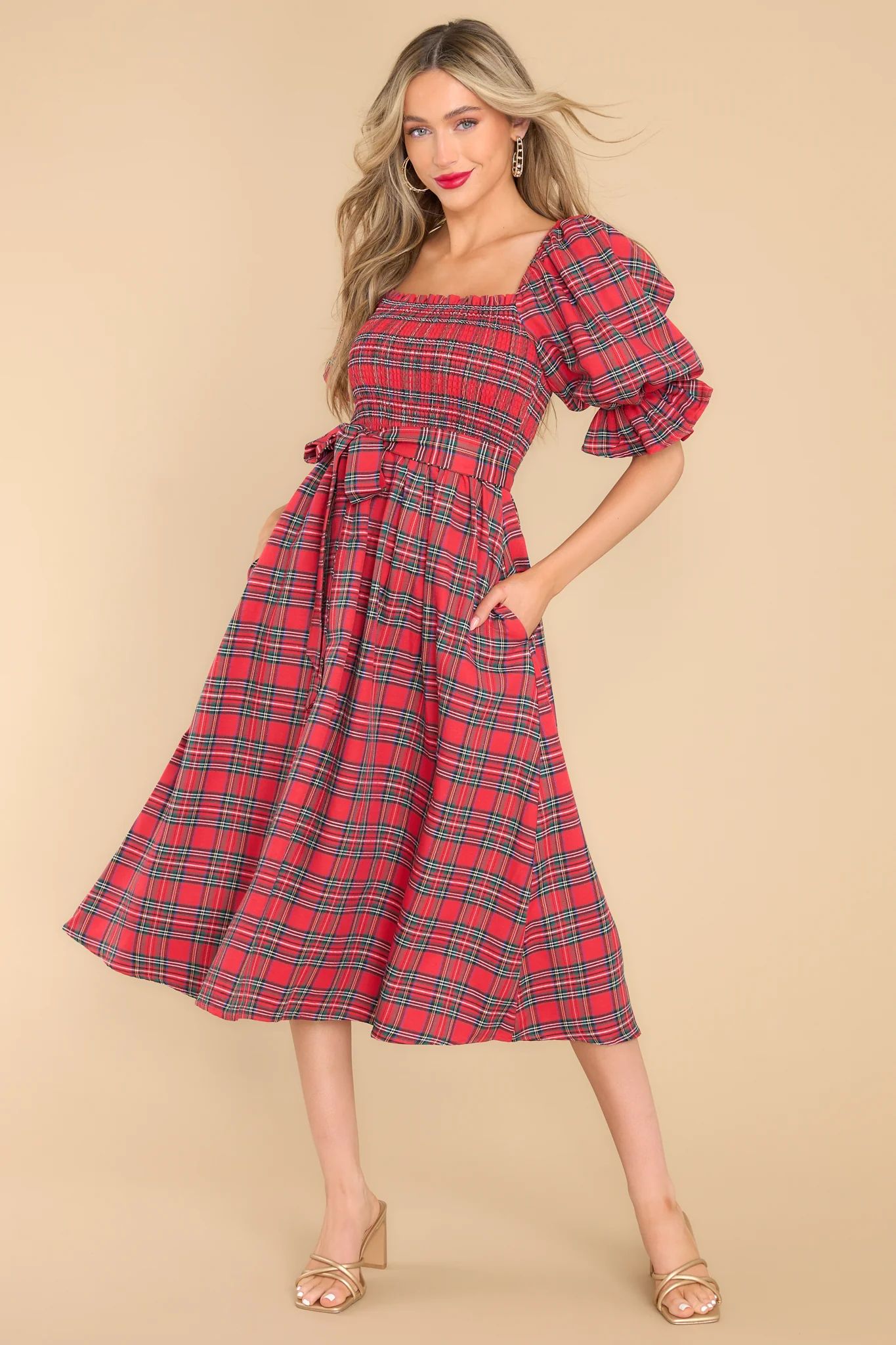 Wishful Wonderland Red Plaid Midi Dress | Red Dress 