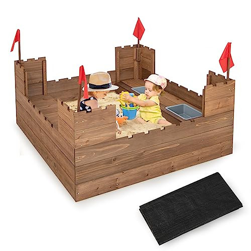 Costzon Kids Sandbox, Cedar Wood 45" x 45" Sand Pit w/Built-in Bench Seats, Storage Boxes, Flags & Protective Bottom Liner, Outdoor Sand Box for Kids Age 3+ for Backyard Garden Beach | Amazon (US)