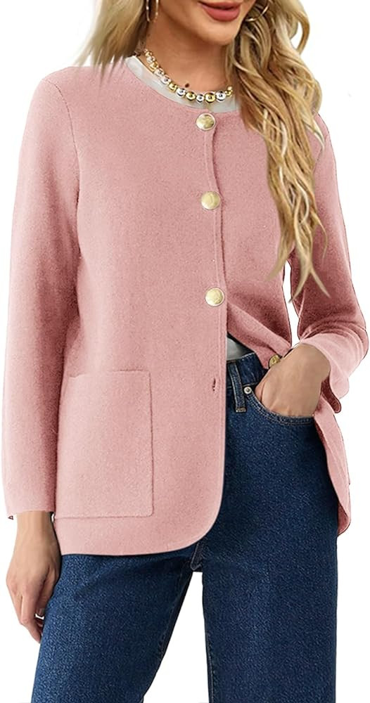 Langwyqu Womens Crew Neck Button Down Cardigan Sweaters Blazer Casual Long Sleeve Knit Solid Swea... | Amazon (US)