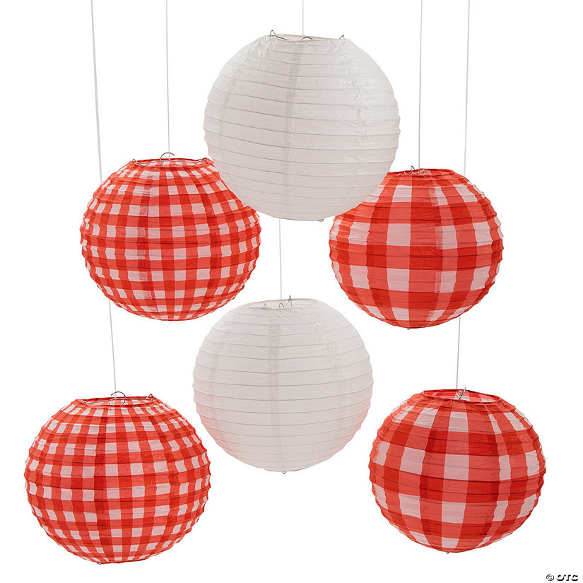 10" Red Gingham Hanging Paper Lanterns - 6 Pc. | Oriental Trading Company