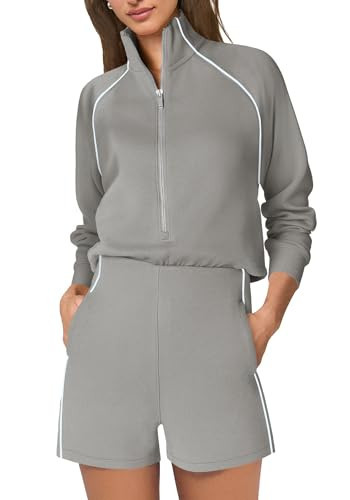 SENSERISE Womens Long Sleeve Romper One Piece Jumpsuits Mock Neck Wide Leg Shorts Fall Outfits with Zipper & Pockets(Light Grey,XS) | Amazon (US)