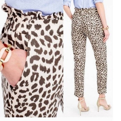 J. Crew ruffle waist linen blend leopard print straight leg cropped pants  | eBay | eBay US