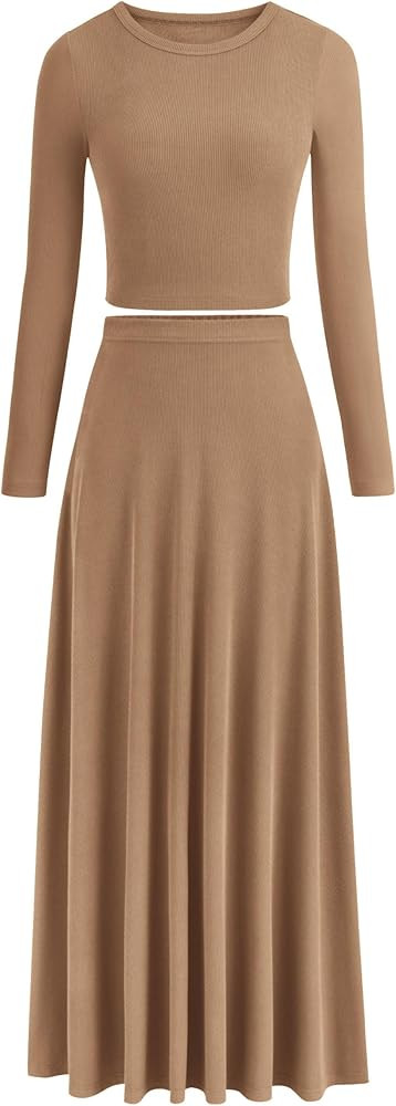 PRETTYGARDEN Women's 2 Piece Outfits Dressy Casual Ribbed Knit Long Sleeve Crop Tops Maxi Flowy S... | Amazon (US)