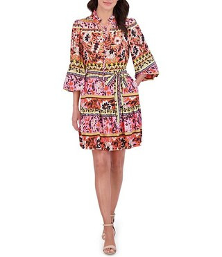 Vince Camuto Woven Floral Print V-Neck Tie Long Sleeve Belted Tiered A-Line Dress | Dillard's | Dillard's