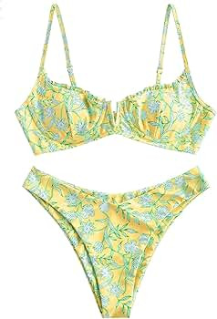 ZAFUL Women's Underwire Bikini Floral High Cut Bikini Set V-Wired Two Piece Swimsuit Bathing Suit | Amazon (US)