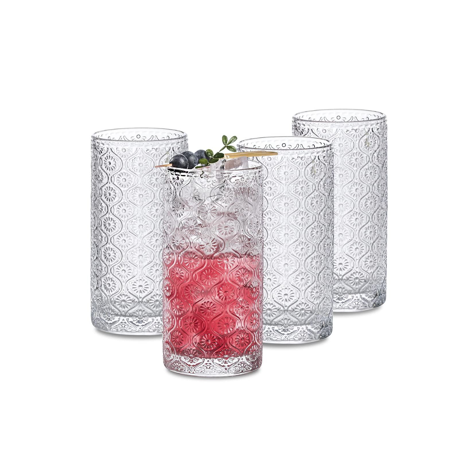 SoulTimes Glass Cups Vintage Glassware Set of 4, Drinking Glasses 12.5oz, Embossed Pattern Style ... | Amazon (US)