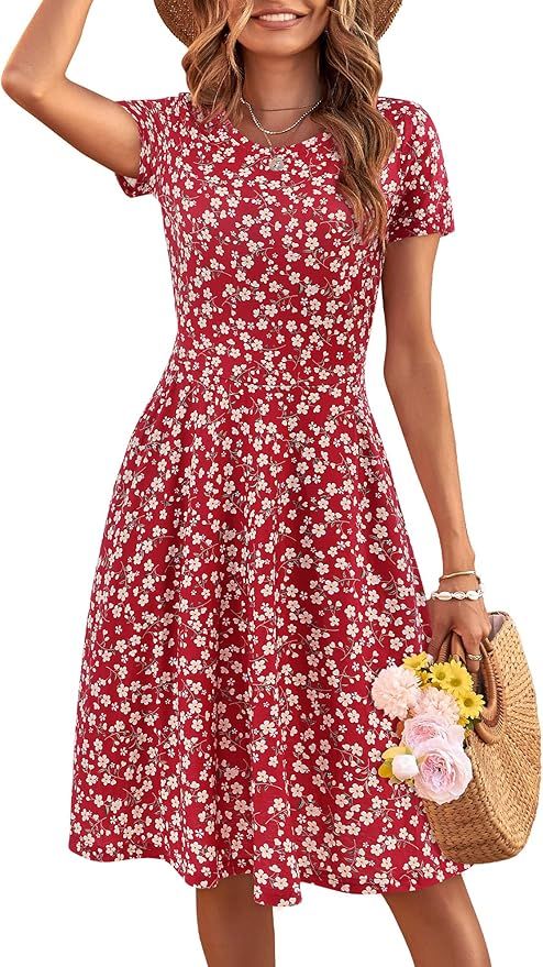 HUHOT Sundresses for Women Casual Summer Short Sleeve Round Neck Floral Skater Dress with Pockets | Amazon (US)