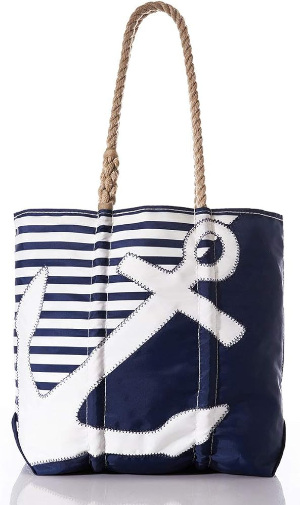 Sea Bags Recycled Sail Cloth Breton Stripe White Anchor Medium Tote Travel Tote Bag, Carry On Bag, Tote Bag for Work Rope Handles | Amazon (US)
