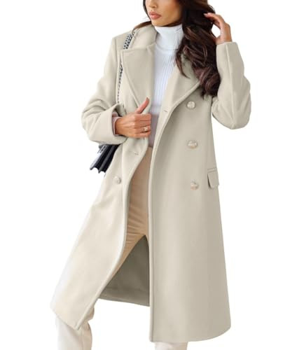 chouyatou Women's Winter Lapel Double Breasted Office Work Long Wool Pea Coat Overcoat (X-Large, Beige) | Amazon (US)
