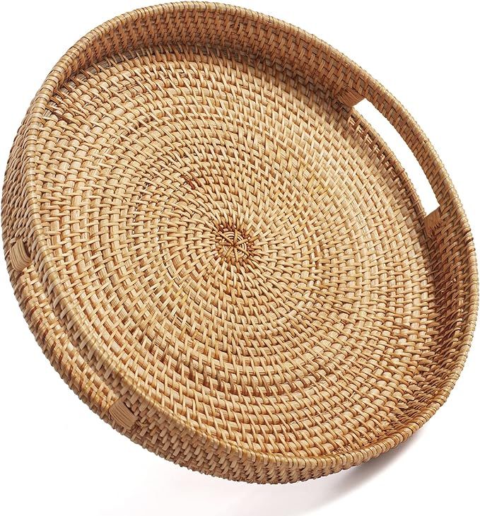 Round Rattan Serving Tray Decorative Woven Ottoman Trays with Handles for Coffee Table Natural (S... | Amazon (US)