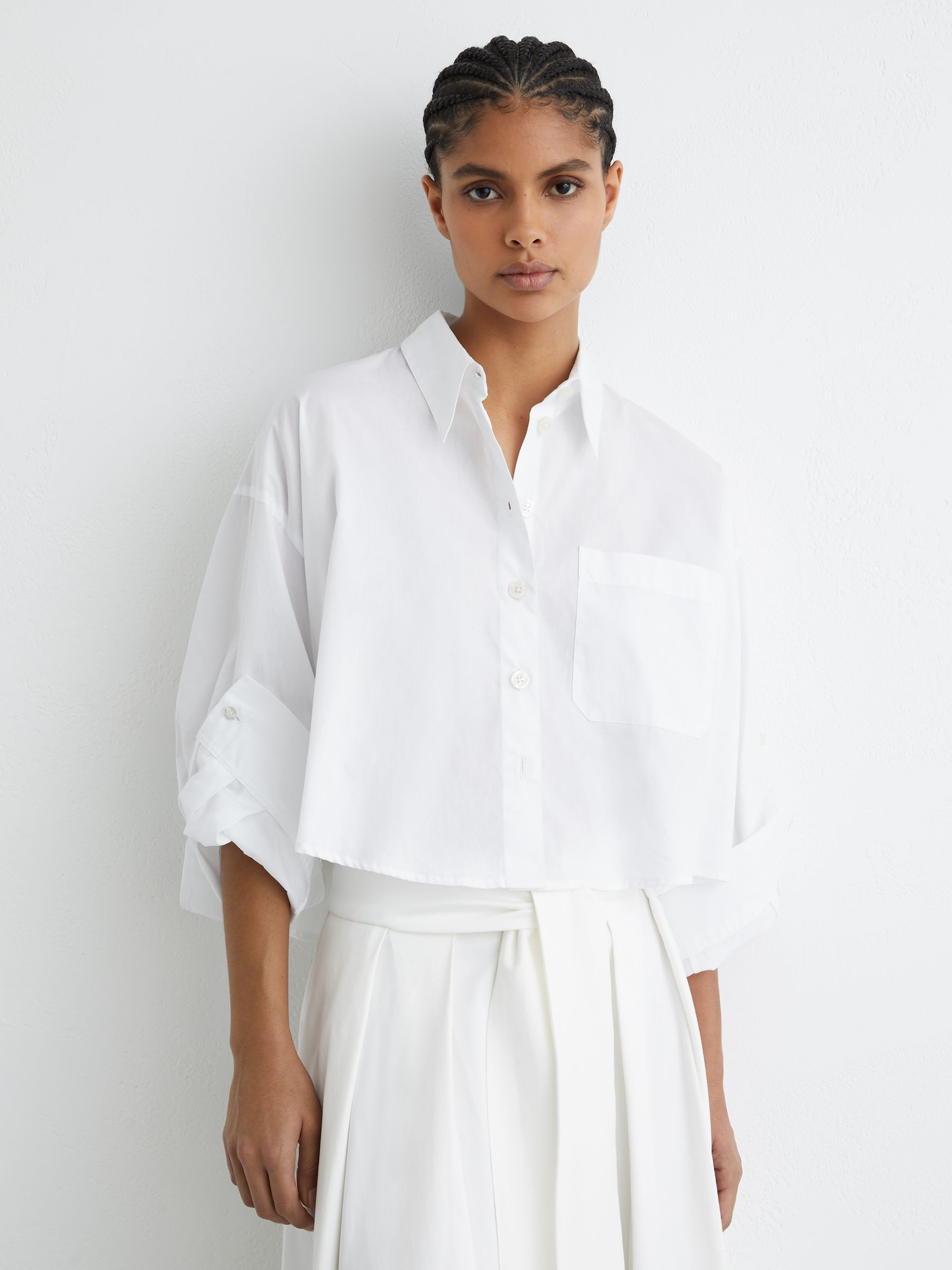 Reiss Cotton Cropped Long-Sleeve Shirt in White - REISS | Reiss UK