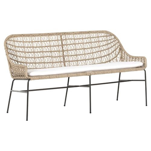 Elena Coastal Beach White Cushion Beige Wicker Iron Frame Outdoor Dining Bench | Kathy Kuo Home