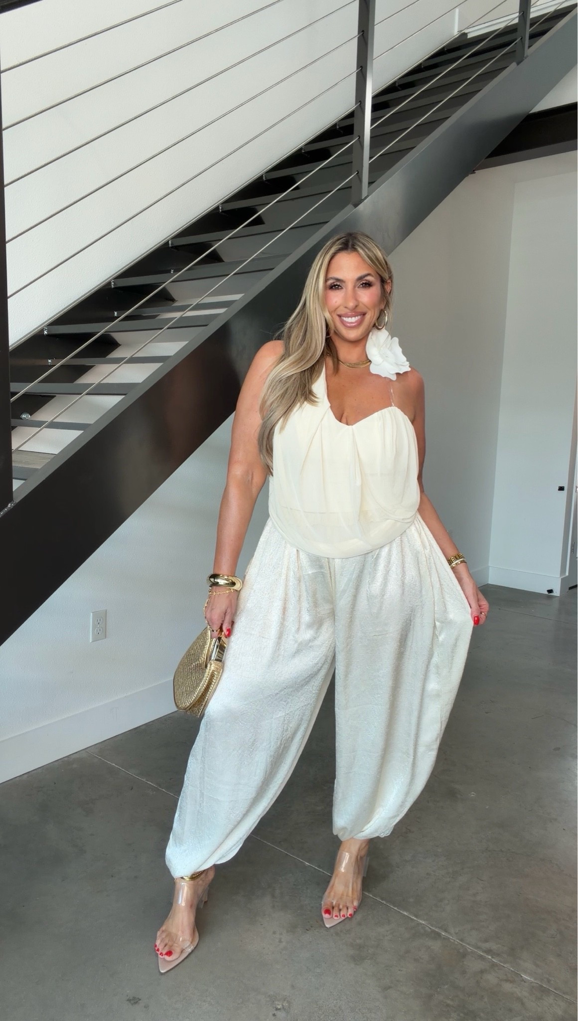Silky balloon pants M (size down 1-2 sizes; super stretchy and run big) 

Top size L (stretchy could have done a medium). I purchased on Amazon but it maybe still sold out. I found it on shein (linked)

Linked my fav 3 inch comfortable heels.

#LTKOver40 #LTKMidsize