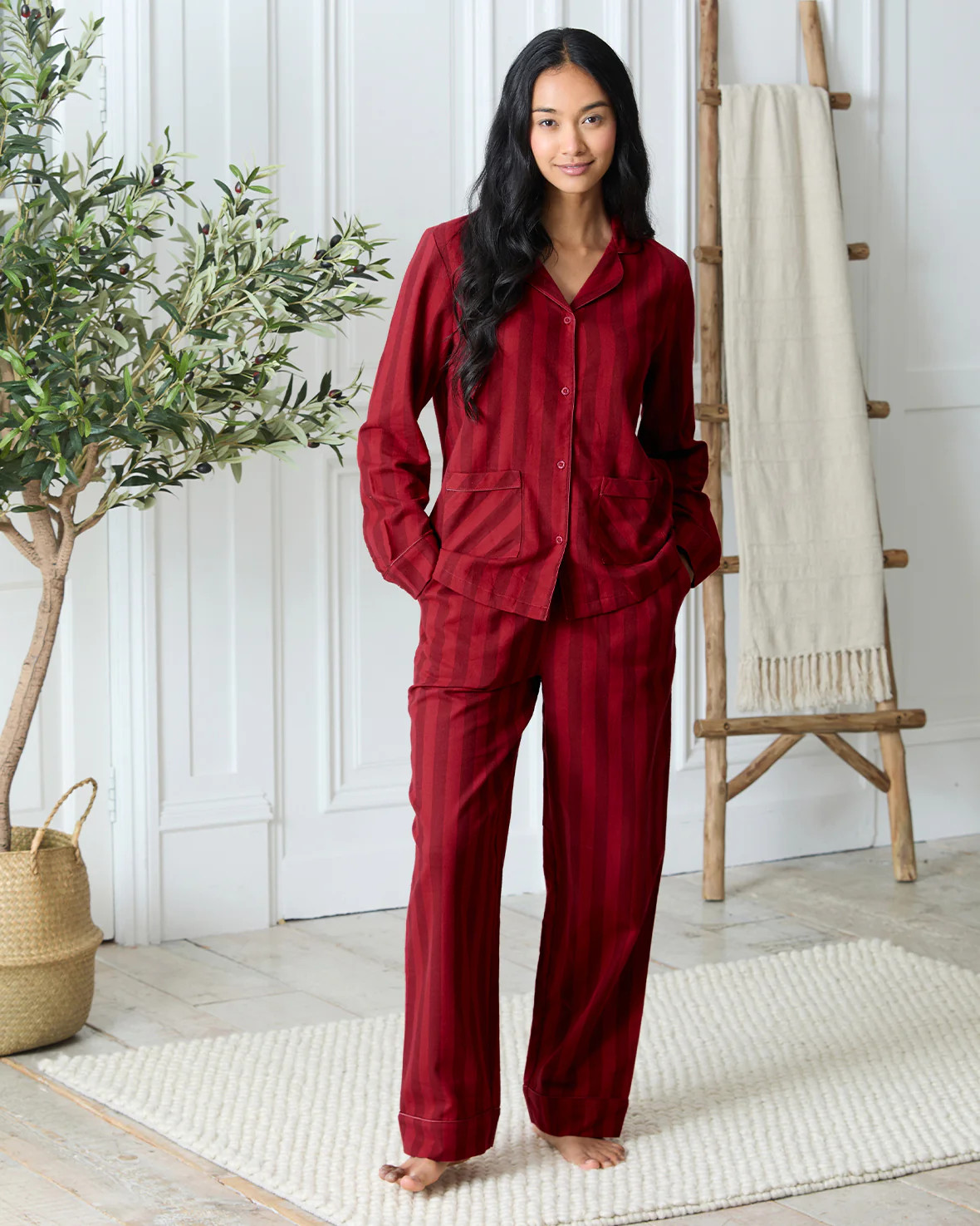 Organic Cotton Stripe Long Pyjama Set - Red | Chelsea Peers NYC