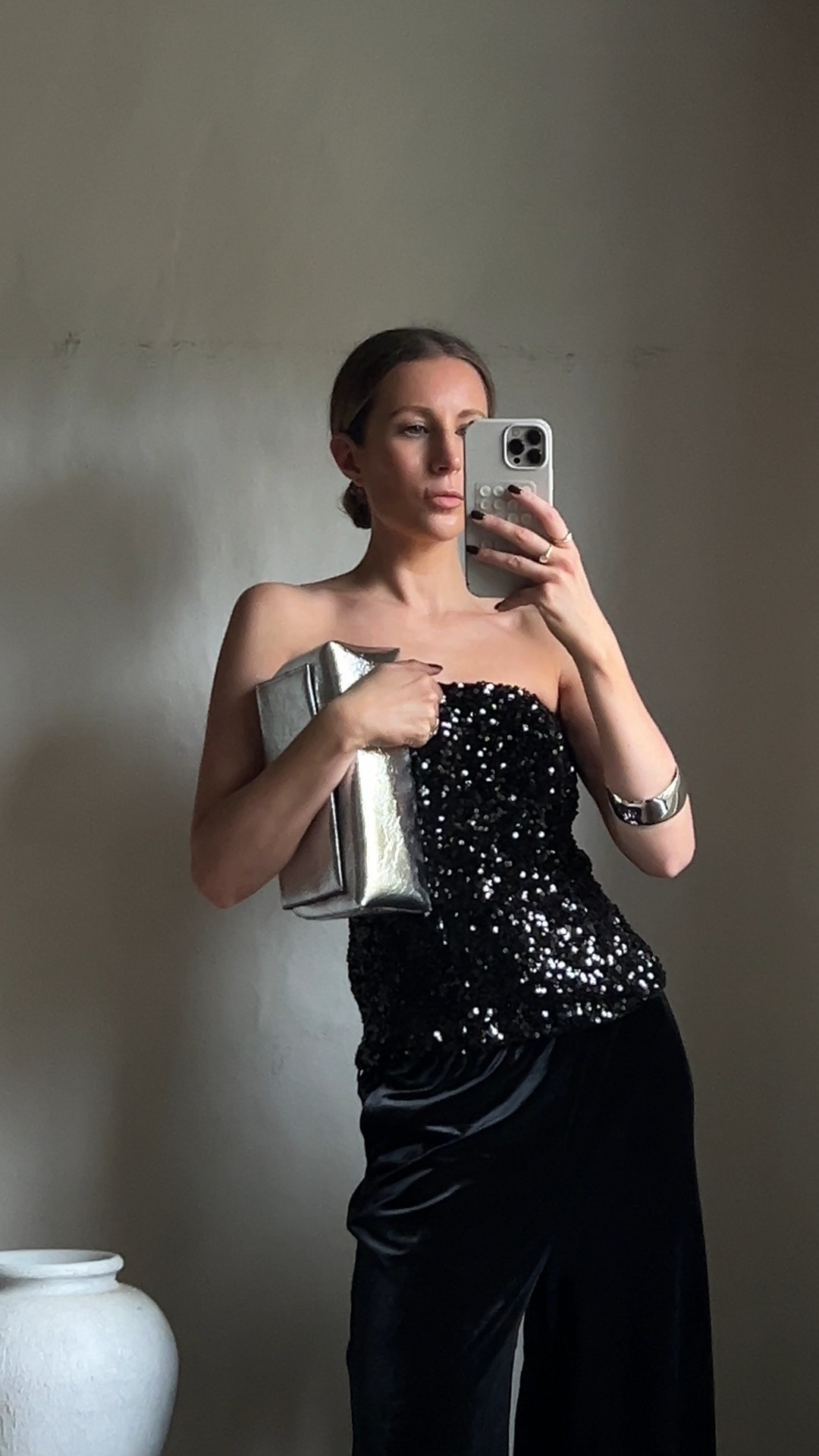 Party top, party outfit, Christmas party outfit, black trousers, party bag, clutch bag, silver bag, Zara, sequin top, strapless top, corset, black top 

#LTKpartywear #LTKfestive #LTKdatenight