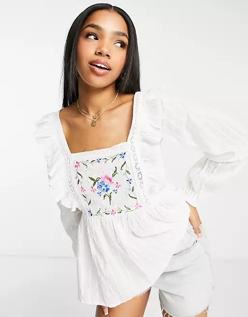 ASOS DESIGN square neck top with tie back and embroidered bodice in white | ASOS (Global)