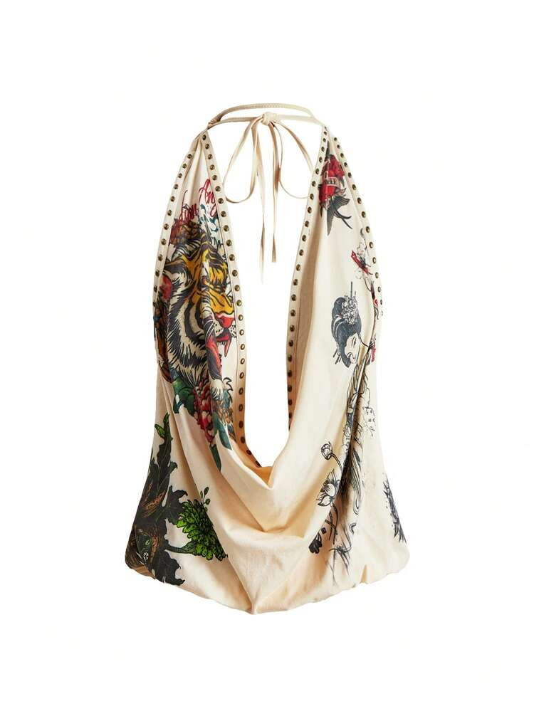ROMWE Grunge Punk Vintage Y2K Hot Girl Rivet Retro Tiger Head Floral Geisha Print Rhinestone Sexy... | SHEIN