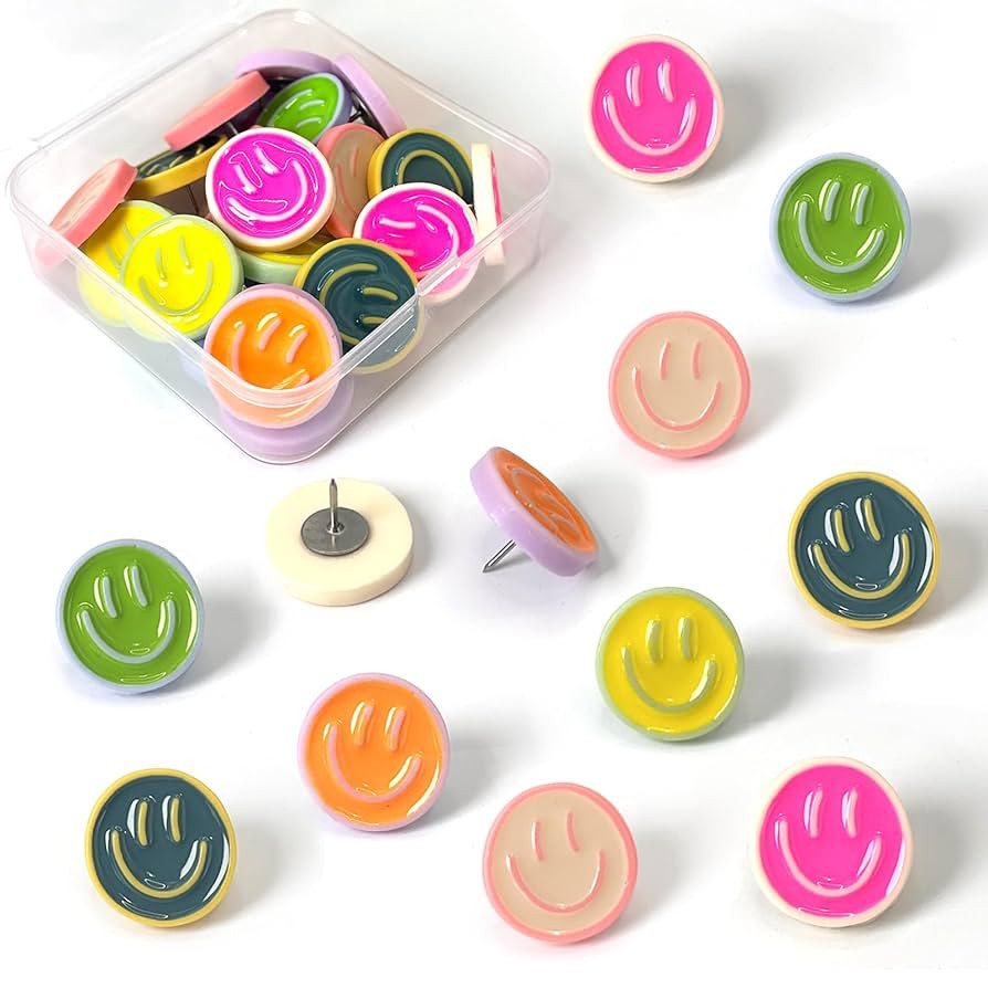 24 Smiley Face Decorative Push Pins, Cute Bulletin Board Push Pins, Thumbtacks for Cork Boards, O... | Amazon (US)