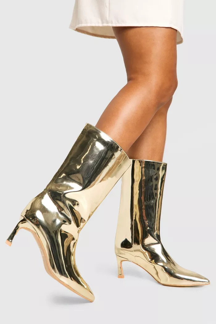 Metallic High Shine Column Ankle Boots | boohoo (US & Canada)
