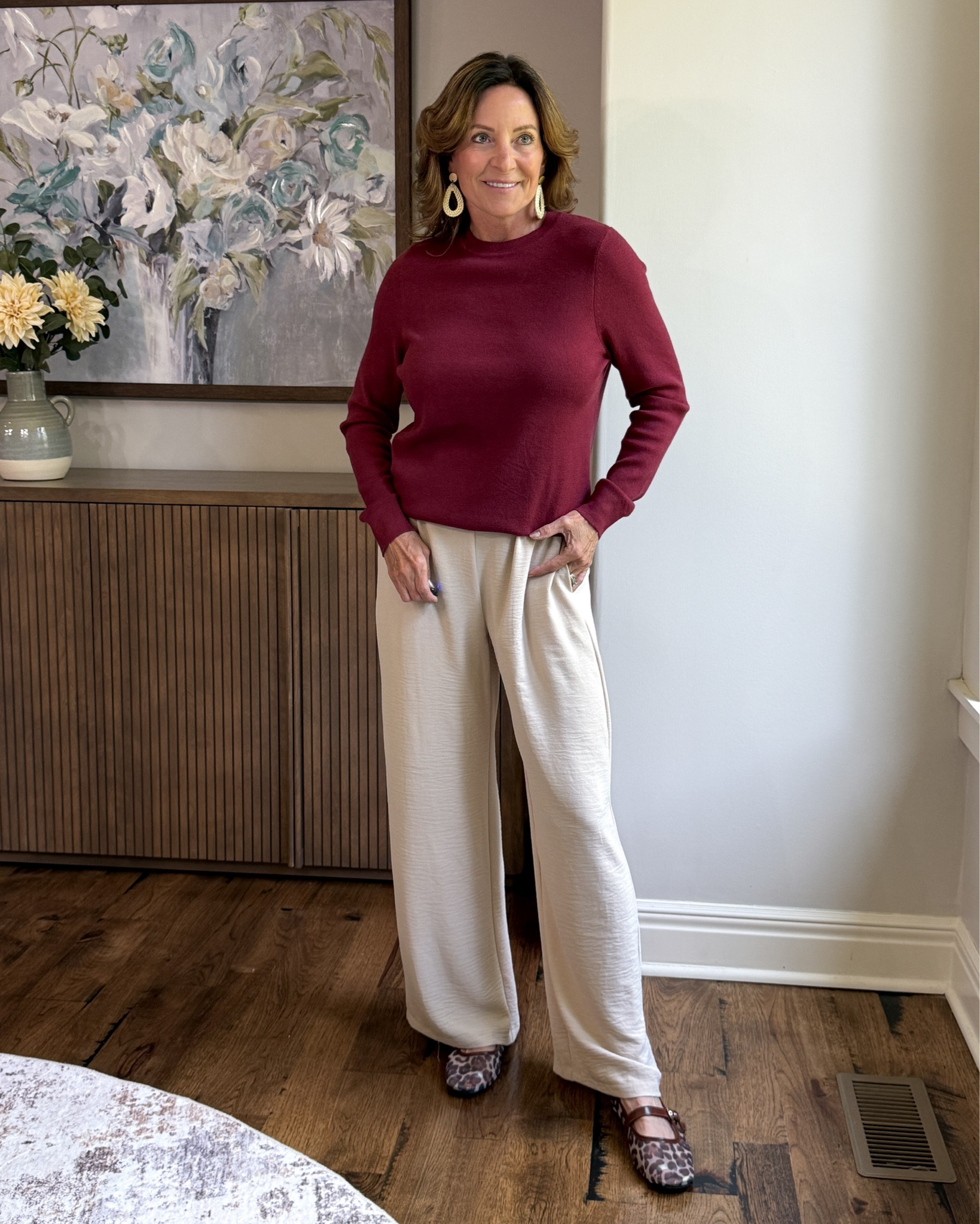Easy Fall Outfit With Wide-Leg Pants

Burgundy and cream are an easy way to bring fall color into your wardrobe without making an outfit complicated. A simple sweater with flowy wide-leg pants feels comfortable and polished, while the leopard flats add just enough print to make it interesting.

#over50style #falloutfit #widelegpants #casualchic #fallfashion