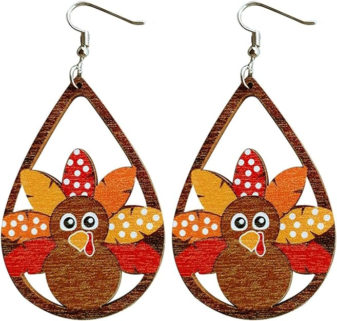 Cute Thanksgiving Turkey Pumpkin Maple Leaf Dangle Earrings Colorful Sunflower Wooden Thanksgivin... | Amazon (US)