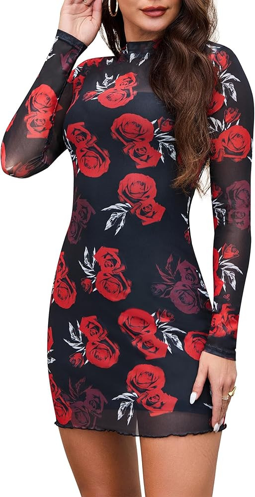 ABMOIU Sexy Print Long Sleeve Mini Dress for Women Bodycon Mock Neck 2 Piece Party Club Dresses | Amazon (US)