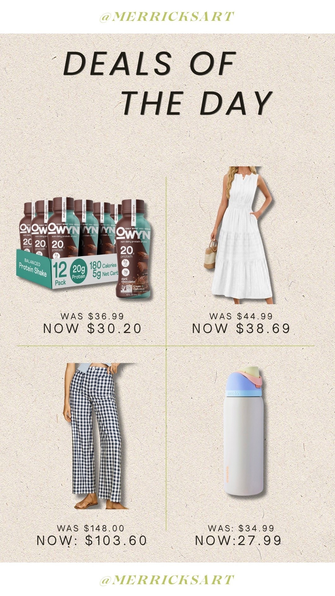 4 daily deals! Fabulous gingham pants, pretty white Amazon dress, my favorite protein shakes, and the best water bottle