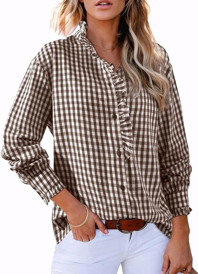 Astylish Womens Plaid Ruffle V Neck Button Down Blouse Casual Long Sleeve Gingham Trendy Tops Wor... | Amazon (US)