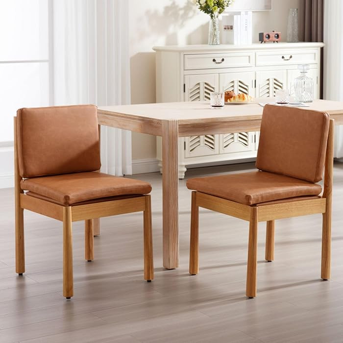 ROCITY Brown Dining Chairs Set of 2 Faux Leather Upholstered Dining Room Chairs Natural Wooden Ki... | Amazon (US)
