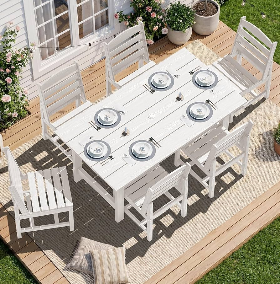 SERWALL Patio Dining Sets for 6 Person, HDPE Dining Set with 6 Armless Chairs, White | Amazon (US)