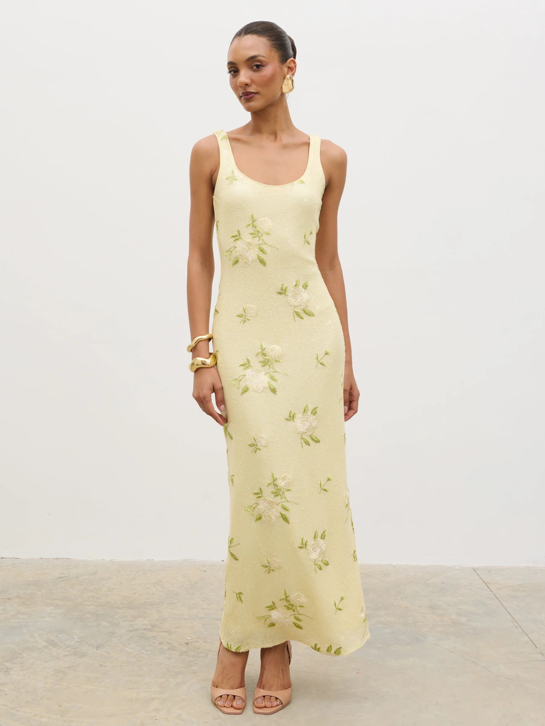 Zia Sequin Maxi Dress - Lemon Floral Sequin | Pretty Lavish (UK)