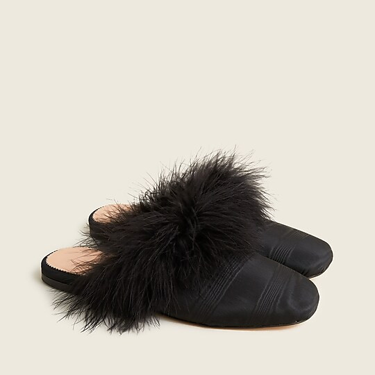 Feather-trimmed mule slides in moire silk | J. Crew US
