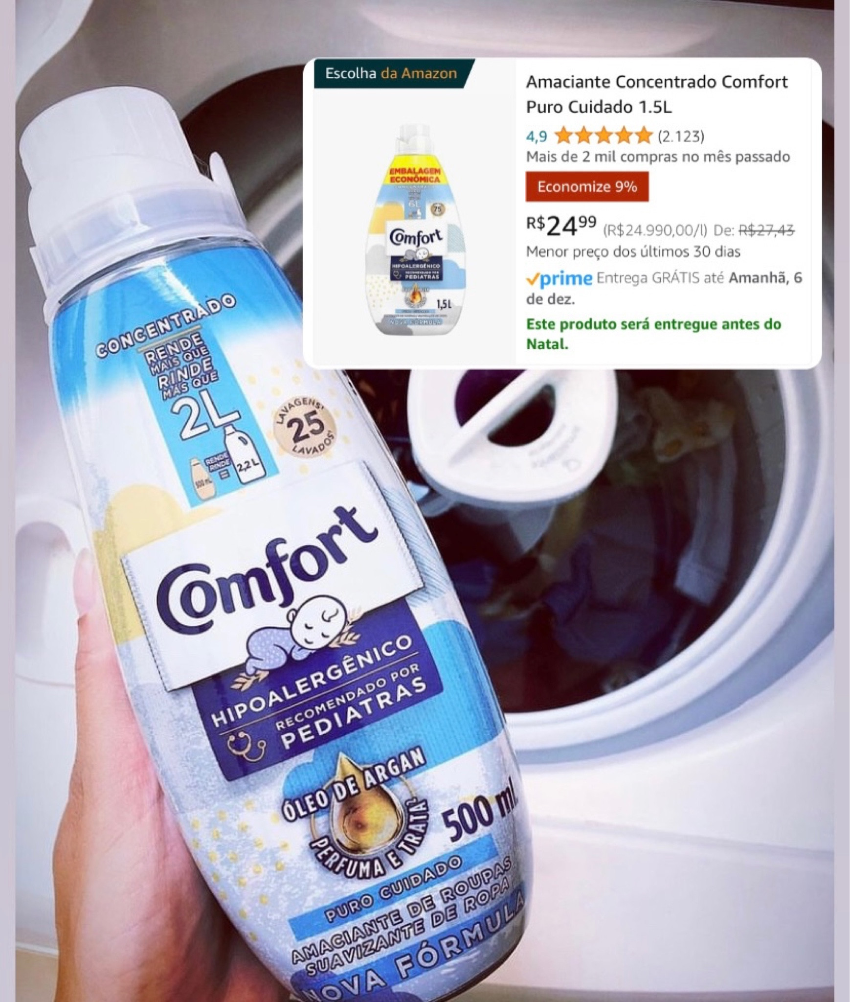 Esse é mais um item que nunca falta em casa! Uso esse amaciante nas roupinhas do Miguel desde o nascimento, ele tem um cheirinho super suave e também é hipoalergênico. #AmazonNaLTKAcademy